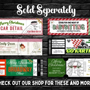 May include: A collection of Christmas-themed gift certificate designs. The certificates include themes such as car detailing, babysitting, Broadway shows, hotel reservations, go-karting, and boarding passes. The text "Sold Separately" and "Check out our shop for these and more!" are also visible.