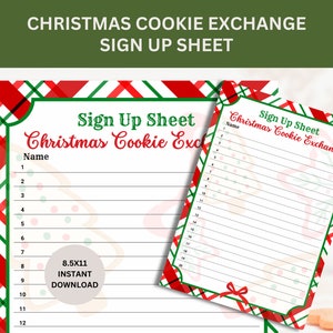Peut inclure: Feuille d'inscription pour un échange de biscuits de Noël avec un design festif. La feuille présente une bordure à carreaux rouges et verts et le texte "Christmas Cookie Exchange" dans une police décorative. Comprend un espace pour les noms.
