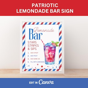 Lemonade Bar Sign Red White and Blue Party Drink Station Sign Template for Lemonade Drink Station Sign for Summer Party Sign