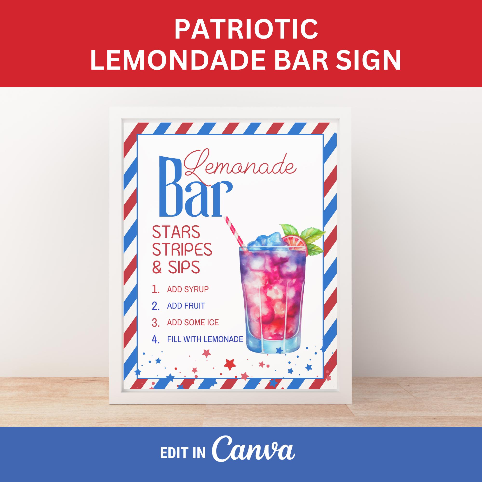 Lemonade Bar Sign Red White and Blue Party Drink Station Sign Template for Lemonade Drink Station Sign for Summer Party Sign