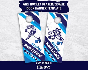 Girl Hockey Player & Goalie Door Hanger for Hockey Tournament Editable Hotel Signs for Hockey Team Hotel Door Tag Template for Room Door