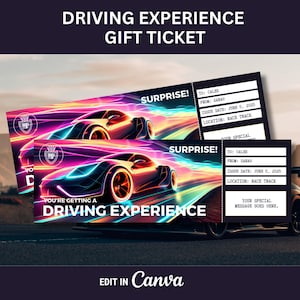 May include: Gift ticket for a driving experience. The design features a neon-lit race car with the text "SURPRISE!" and "YOU'RE GETTING A DRIVING EXPERIENCE". Includes details like recipient, date, and location.