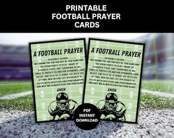 May include: Printable football prayer cards with a green background and a football player illustration. The text reads "A Football Prayer" and includes a prayer for strength, focus, and teamwork.