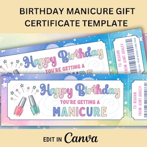 Peut inclure: Un modèle de certificat cadeau d'anniversaire imprimable avec un design coloré mettant en vedette des étoiles, des nuages et un ensemble de manucure. Le texte dit "Joyeux anniversaire, vous recevez une manucure".