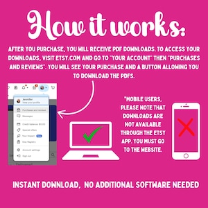 Puede incluir: Un gr&aacute;fico rosa con texto blanco que explica c&oacute;mo descargar archivos PDF despu&eacute;s de la compra. Incluye un port&aacute;til con una marca de verificaci&oacute;n, un tel&eacute;fono con una X y una captura de pantalla de una cuenta de Etsy. El texto dice "Descarga instant&aacute;nea, no se necesita software adicional."