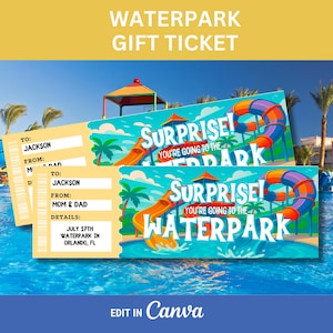 Könnte beinhalten: Geschenkgutscheine für einen Wasserpark mit dem Text "SURPRISE! You're going to the WATERPARK". Die Tickets haben ein farbenfrohes Design mit Wasserrutschen und Palmen. Die Tickets sind personalisiert für "JACKSON" von "MOM & DAD".