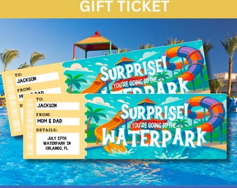 Editable WATERPARK TICKET TEMPLATE for Theme Park Ticket for Waterpark Invitation for Kids Experience Gift Idea Waterpark Surprise Gift Cert