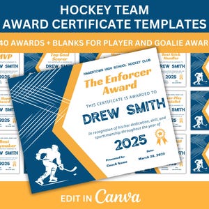 Könnte beinhalten: Eine druckbare Hockey-Auszeichnung-Zertifikatsvorlage mit einem blauen und gelben Farbschema. Das Zertifikat ist für "The Enforcer Award" und wird an Drew Smith im Jahr 2025 verliehen. Das Zertifikat zeigt einen Hockeyspieler, der mit einem Schläger und Puck Schlittschuh läuft.