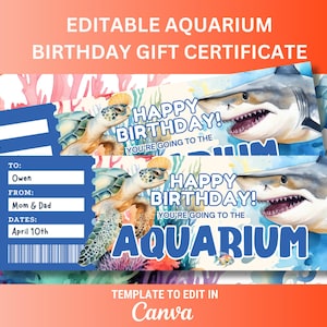 Editable Aquarium Trip Birthday Gift Ticket Template for Aquarium Visit Surprise Gift Template for Aquarium Gift for Shark Petting Ticket