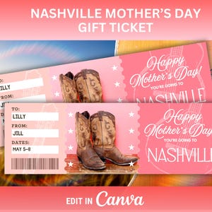 Nashville Trip Mother&#39;s Day Gift to Nashville Tennessee Mothers Day Surprise Trip Reveal Boarding Pass Printable Ticket Voucher to Nashville