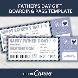 Modèle modifiable de carte d'embarquement pour la fête des pères, cadeau de voyage surprise pour papa, cadeau de carte d'embarquement pour papa, billet de voyage surprise