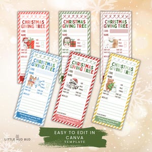 May include: A collection of Christmas Giving Tree gift request cards in various colors. Each card features a festive design with a different animal illustration and space for details like name, size, and wish list. The text "Christmas Giving Tree" is prominently displayed.