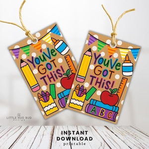 May include: Two brown paper tags with the text "You've GOT THIS!" and school-themed illustrations. The tags feature pencils, crayons, apples, and rulers. The tags are decorated with colorful polka dots and a string for hanging.