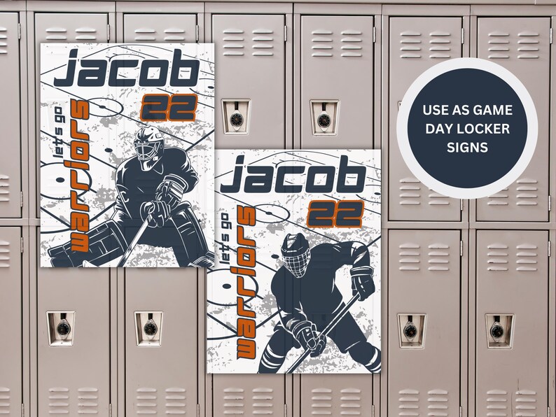 May include: Two white and orange hockey locker signs with a hockey player graphic. The signs say "Jacob" and "Warriors let's go" with the number "22".