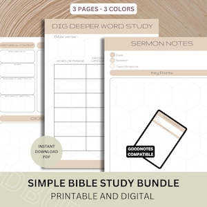May include: A digital Bible study bundle with three pages in three colours. The pages include sections for word study, sermon notes, and historical context. The bundle is compatible with GoodNotes and available as an instant PDF download.