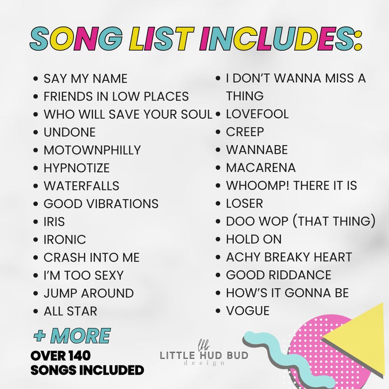 Puede incluir: Un gr&aacute;fico colorido con el texto "SONG LIST INCLUDES:" y una lista de t&iacute;tulos de canciones. La lista incluye canciones como "Say My Name", "Iris" y "All Star". El gr&aacute;fico tambi&eacute;n indica "+ MORE OVER 140 SONGS INCLUDED".