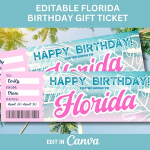Florida Surprise Ticket for Birthday Gift to Florida Boarding Pass Editable Gift Certificate Travel Vacation Certificate to Florida
