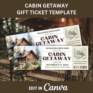 Può includere: Un modello di biglietto regalo con le parole "CABIN GETAWAY". Il biglietto presenta un dipinto ad acquerello di una baita nel bosco e il testo "EDIT IN Canva". Il biglietto è progettato per una vacanza in baita.