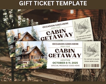 以下が含まれることがあります： 「CABIN GETAWAY」の文字が入ったギフトチケットテンプレート。森の中の小屋の水彩画と「EDIT IN Canva」の文字が特徴です。キャビンでの休暇のために設計されたチケットです。