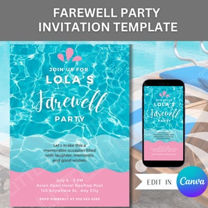 May include: A blue and pink pool party invitation template with a photo of a swimming pool. The text reads "Join us for Lola's Farewell Party". The invitation includes the date, time, location, and RSVP information. The template can be edited in Canva.