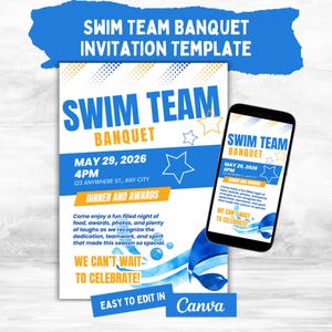 Könnte beinhalten: Eine blau-weiße Einladungsvorlage für ein Schwimmteam-Bankett. Das Design enthält den Text "Swim Team Banquet" mit Veranstaltungsdetails: 29. Mai 2026, 16:00 Uhr, und "Dinner and Awards". Ein Smartphone zeigt dieselbe Einladung.
