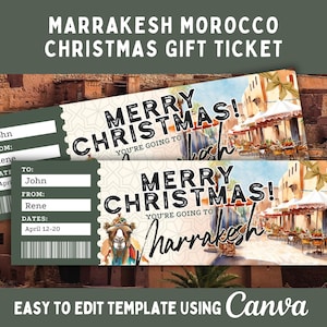 Puede incluir: Un billete de regalo de Navidad para Marrakech, Marruecos. El diseño presenta el texto "¡FELIZ NAVIDAD! Vas a Marrakech" y una ilustración en acuarela de una escena callejera. El billete también tiene campos para "Para", "De" y "Fechas".