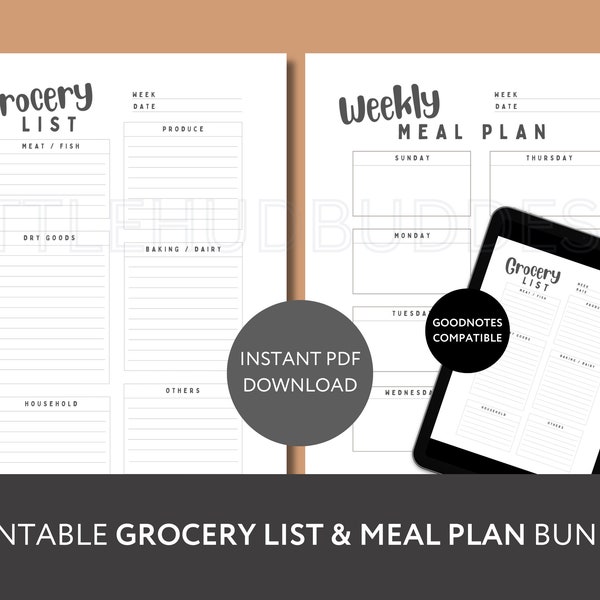 Printable Bundle, Grocery List Printable PDF, Weekly Meal Plan Template, Track Nutrition Intake, Meal Prep Shopping List Printable