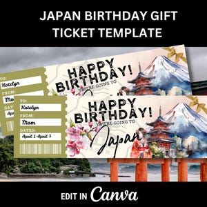 Bearbeitbares Japan Reiseticket für Überraschungs-Geburtstagsgeschenk nach Japan Überraschungsreise offenbaren für Tokio-Urlaub Überraschungsgeschenk-Reisegutschein