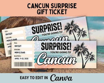 Cancun Trip Surprise Gift Ticket for Surprise Gift to Cancun Mexico Boarding Pass Editable Template for Printable Voucher to Cancun Ticket