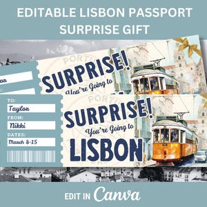 Billete sorpresa editable a Lisboa, Portugal, tarjeta de embarque, certificado de regalo, regalo sorpresa de viaje, certificado de vacaciones que vas a