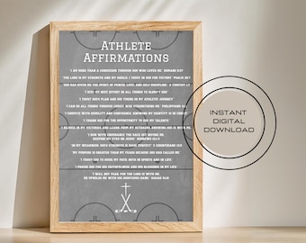 May include: A framed print with the text "Athlete Affirmations" in a modern font. The gray background features inspirational quotes and a hockey-themed graphic. A circular graphic reads "Instant Digital Download".