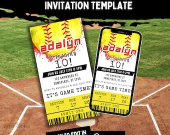 Softball Birthday Party Video Invitation Ticket Editable Template for Softball Party Invitation for Softball Themed B-Day Party Invitation