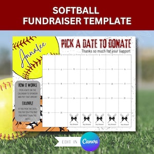 Editable Softball Calendar Fundraiser for Softball Pick a Date to Donate Softball Fundraiser Canva Template for Sports Fundraising