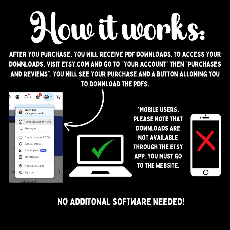 May include: Black graphic with white text explaining how to download PDFs from Etsy after purchase. Includes a laptop with a checkmark, a phone with an X, and a screenshot of the Etsy account menu. The text says "How it works:" and "No additional software needed!"