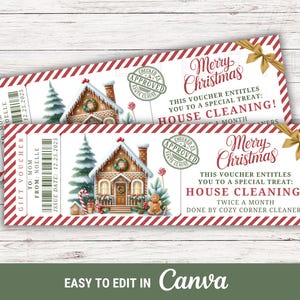 Könnte beinhalten: Zwei Weihnachtsgutscheine mit einer Lebkuchenhaus-Illustration. Die Gutscheine haben rot-weiß gestreifte Ränder und goldene Schleifenakzente. Der Text enthält "Fröhliche Weihnachten" und "Hausreinigung!"