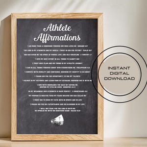 Puede incluir: Una impresión enmarcada con las palabras "Athlete Affirmations" en escritura blanca sobre un fondo de pizarra negra. La impresión incluye citas inspiradoras y las palabras "Instant Digital Download" en un círculo.