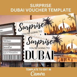 May include: A printable voucher template for a surprise trip to Dubai. The template features a cityscape with a sunset background and the text "Surprise You're Going To Dubai".