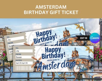 Boleto de viaje sorpresa a Ámsterdam, regalo de cumpleaños a los Países Bajos, boleto de vacaciones a Ámsterdam, tarjeta de embarque, boleto de avión a Holanda.