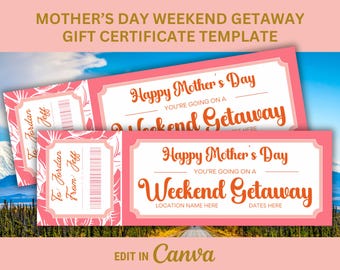 Mother's Day Weekend Getaway Gift Certificate for Surprise Weekend Getaway Ticket for Weekend Away Travel Surprise Gift Voucher Template