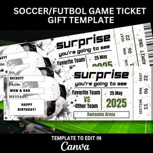 Bearbeitbare Fußballspiel-Karte Vorlage für Geschenkkarte für Fußballspielkarte Druckbares Ticket Stub Überraschungsgeschenkgutschein für die Veranstaltung