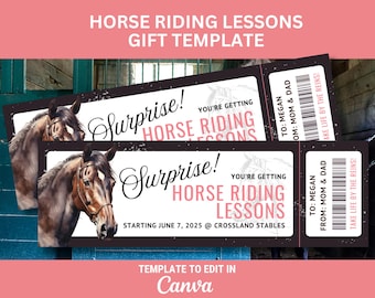 May include: A printable gift certificate template for horse riding lessons. The template features a black and white background with a pink and white text overlay. The text reads "Surprise! You're getting horse riding lessons" and includes the date "Starting June 7, 2025" and the location "Crossland Stables".