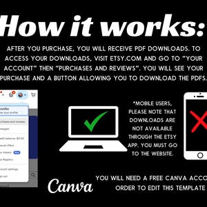 May include: A graphic explaining how to download digital files purchased on Etsy. The graphic shows a laptop computer with a green tick, a mobile phone with a red cross, and a screenshot of the Etsy website showing the "Purchases and Reviews" section. The text reads "How it works: After you purchase, you will receive PDF downloads. To access your downloads, visit etsy.com and go to "Your Account" then "Purchases and Reviews". You will see your purchase and a button allowing you to download the PDFs. *Mobile users, please note that downloads are not available through the Etsy app. You must go to the website. You will need a free Canva account in order to edit this template."