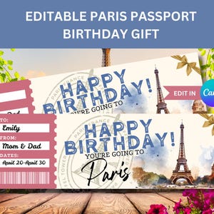 Bearbeitbares Paris Frankreich Ticket für Überraschungs-Geburtstagsgeschenk für Paris Bordkarte-Geschenkgutschein Reiseüberraschungsgeschenk-Urlaubszertifikat