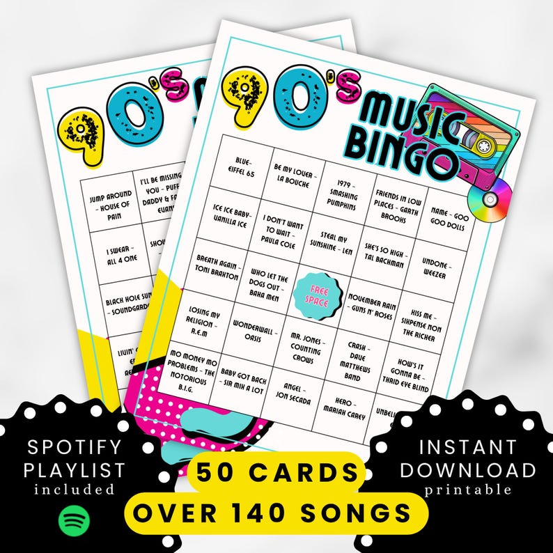 Puede incluir: Dos tarjetas de Bingo de m&uacute;sica de los 90 con t&iacute;tulos de canciones y un gr&aacute;fico de cinta de cassette. Las tarjetas tienen una combinaci&oacute;n de colores turquesa, rosa y amarillo. El texto "50 Tarjetas" y "M&aacute;s de 140 canciones" se muestra en una pancarta amarilla.