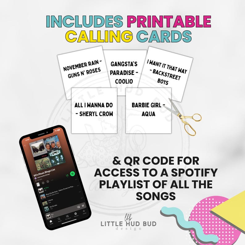 Puede incluir: Un juego de bingo musical de los 90 con tarjetas de llamada imprimibles. Las tarjetas presentan t&iacute;tulos de canciones como "November Rain" y "Gangsta's Paradise". Incluye un c&oacute;digo QR para una lista de reproducci&oacute;n de Spotify. El dise&ntilde;o es colorido con una est&eacute;tica retro.