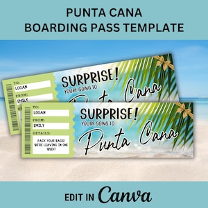 Op de afbeelding: Punta Cana boarding pass template met een tropisch strandthema. Het ontwerp bevat de tekst "SURPRISE! You're going to Punta Cana" en ruimte voor ontvanger- en afzendergegevens. De sjabloon is bewerkbaar in Canva.