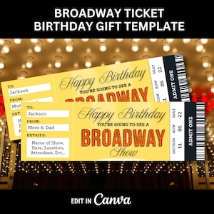 Mall för födelsedagspresent till Broadway-show, biljettmall för biljett till musikal, utskrivbar födelsedagspresent till Broadway-teaterbiljett