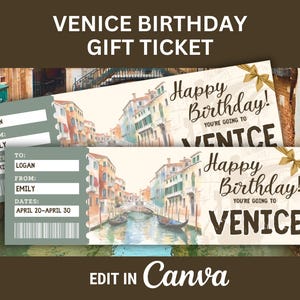 Billet modifiable Venise Italie : cadeau d'anniversaire surprise pour Venise, carte d'embarquement, chèque-cadeau, billet d'avion imprimable surprise de voyage