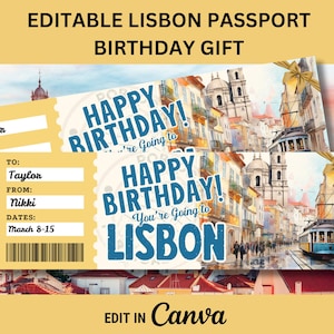 Bearbeitbare Lissabon Portugal GEBURTSTAGSÜBERSCHAFFUNG Ticket für Lissabon Bordpass Lissabon Überraschungs-GEBURTSTAGSgeschenk Urlaubszertifikat