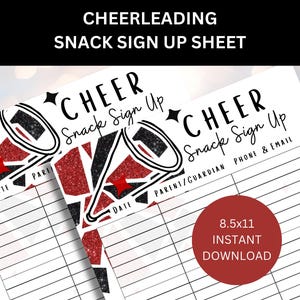 Hoja de inscripción para el refrigerio de porristas para la competencia Programa de refrigerios para la competencia de porristas Hoja de refrigerios Voluntarios para el día del juego Rojo y negro